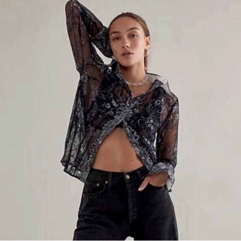 Anthropologie Maeve Womens Button Down Blouse‎ Black XS lace sheer NWT